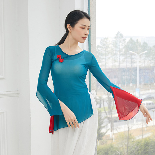 Classical dance ethnic modern body dance performance clothes Chinese dance practice clothes color matching tops women's art test gauze clothes