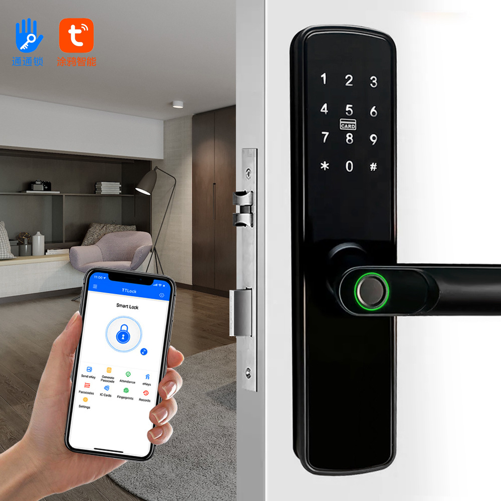 Tongtong cerradura puerta de madera cerradura huella digital hogar cerradura inteligente fabricante TTLock tarjeta clave contraseña Bluetooth cerradura electrónica