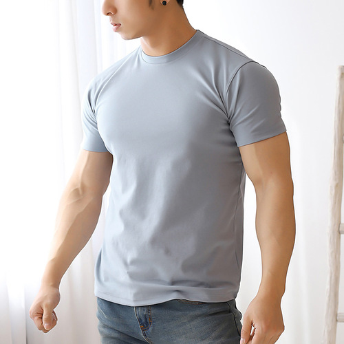 Solid color quick-drying tight-fitting fitness short-sleeved men's sports and leisure outdoor exercise elastic slim summer T-shirt foreign trade clothing