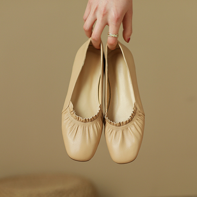 Giày ballet nữ đế bằng da bò mềm mũi tròn phong cách văn nghệ — Màu đỏ rượu