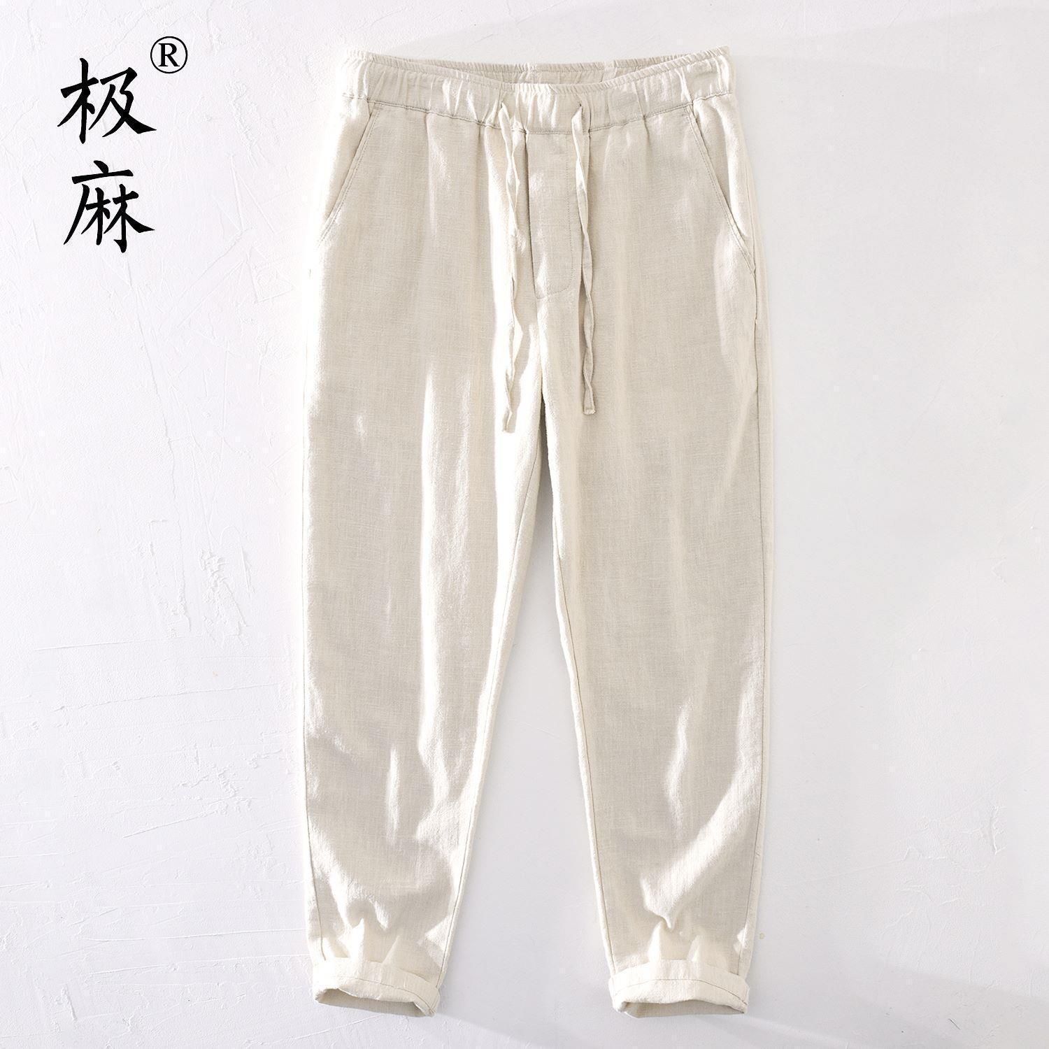 Pantalones casuales de lino rectos de algodón y lino con cintura elástica retro extremadamente cáñamo pantalones de lino sueltos de todo fósforo con cordón para hombres