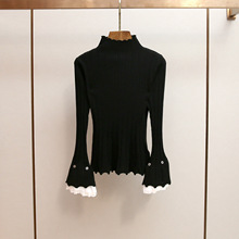 深圳南油高端女装秋冬新款法式半高领宫廷风喇叭袖显瘦打底针织衫