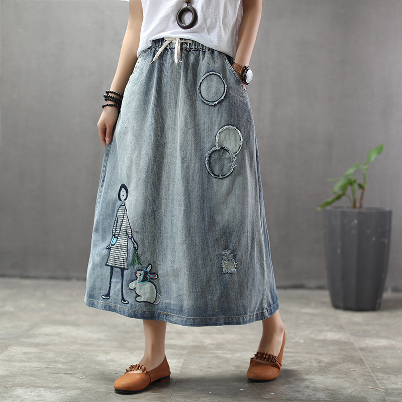 Retro Printed Patch Denim Skirt Women's Circle Patch Elastic Waist Ripped Washed Denim Skirt