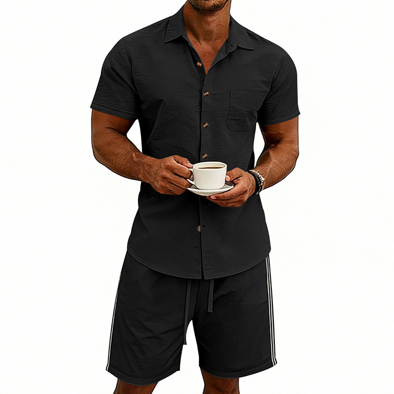 Set uomo estivo con camicia a maniche corte e pantaloncini a righe_voghion.com