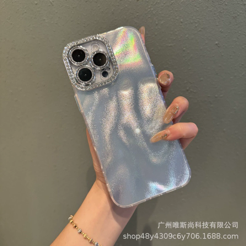 Чехол для телефона (Apple) совместим с iPhone 16, серебристый голографический с кристаллической рамкой камеры