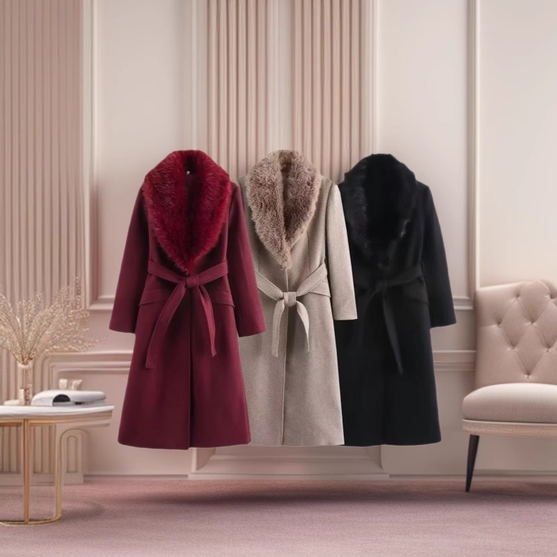 Source Factory Export Wholesale 2024 European and American Fashion Long Fur Lapel Woolen Outwear Jacket Autumn and Winter