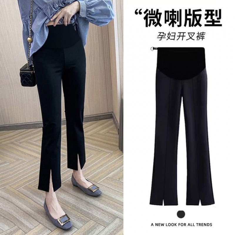in stock 2025 Spring Pregnant Women's Pants Outer Wear Black Front Split Micro-flared Pants Slimming Suit Casual Ankle-length Pants