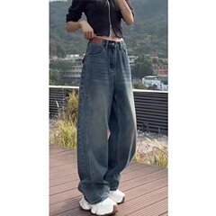 深蓝色复古牛仔裤女春季新款镰刀裤小个子拖地大码宽松弯刀阔腿裤