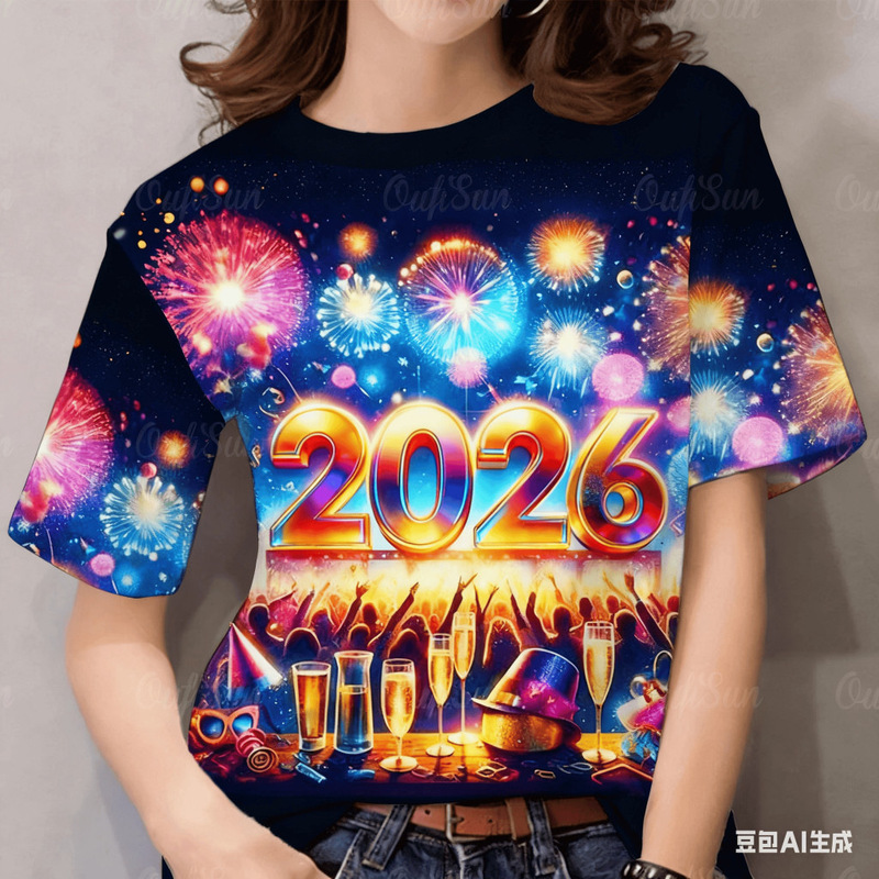 Foreign Trade Cross-Border Ladies 2026 Christmas and New Year T-Shirt Round Neck Short-Sleeved Family Party Party 3D Digital Printing T-Shirt