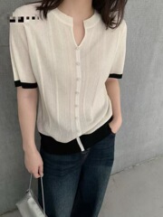 2025早秋气质简约修身女短袖上衣百搭减龄气质针织上衣