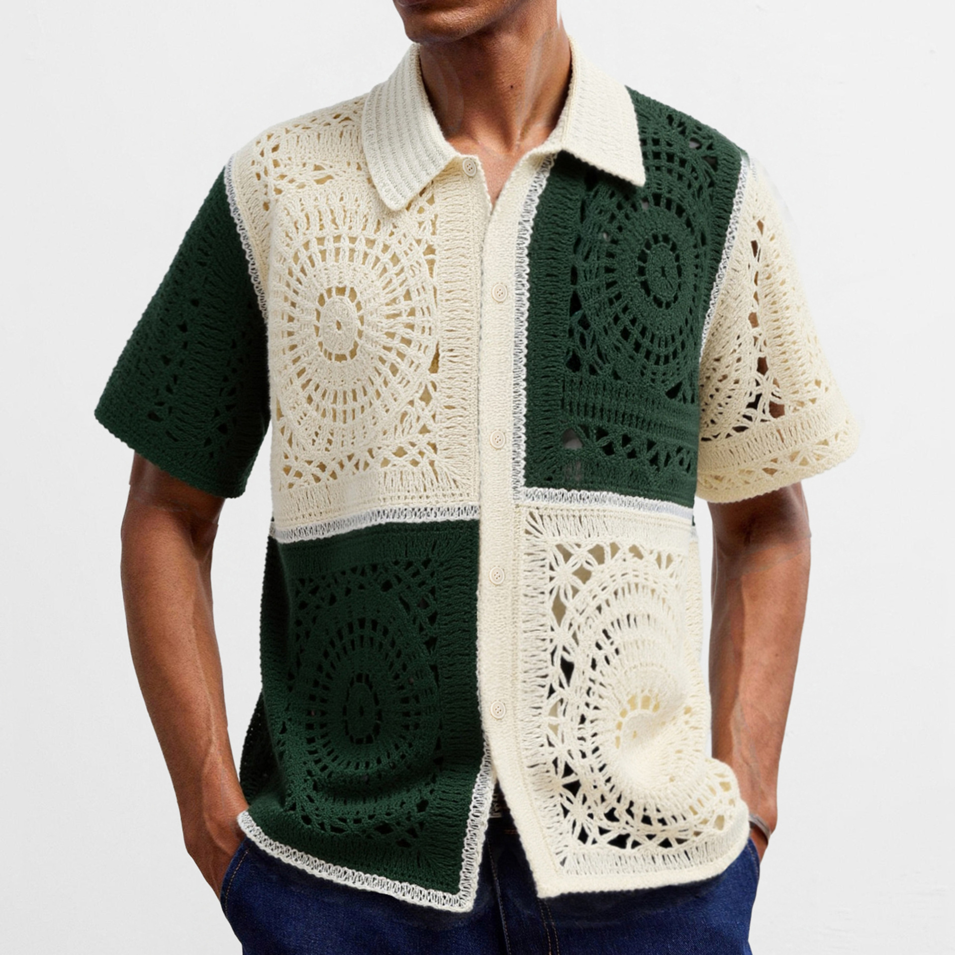 Cross-Border Men's Clothing Imitation Handmade Crochet Hollow-Out Knitted Cardigan with Contrasting Colors Short-Sleeve Casual Polo Shirt for Men Sy0109