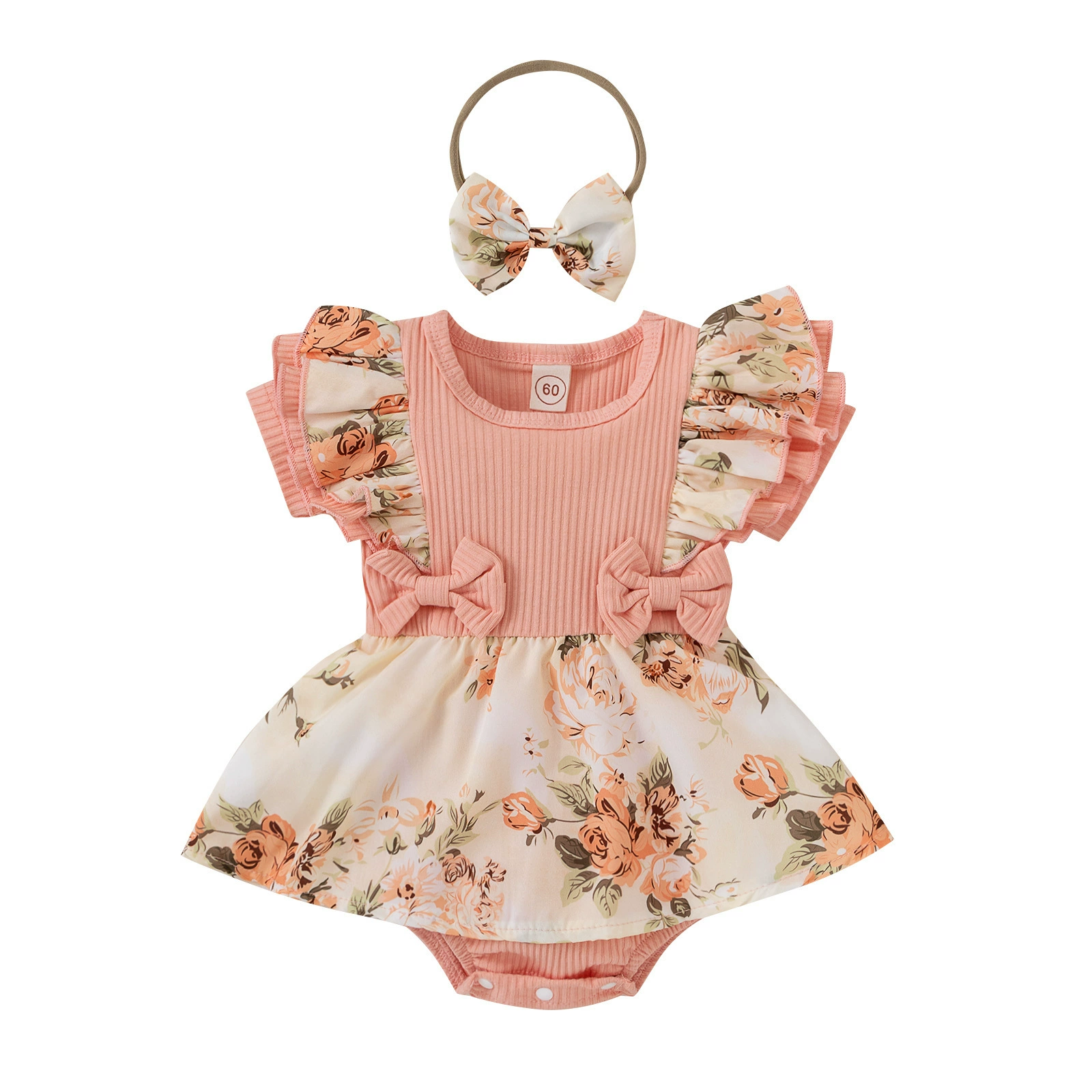 Summer Baby Bodysuit Romper, Floral Bow Dress, Short Sleeve, 65% Cotton 35% Polyester, Sizes 60–100 cm