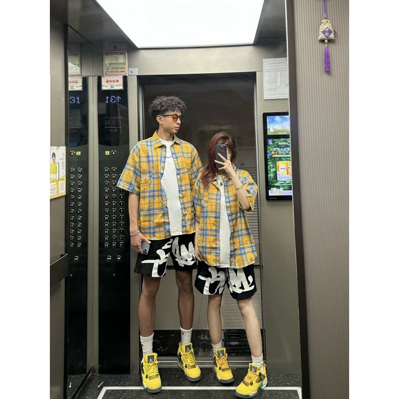 Оригинальная ткань, желтая клетчатая летняя рубашка с короткими рукавами, свободная повседневная куртка в стиле бойфренда, модный бренд