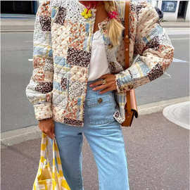外贸单！秋季新款欧美女装印花小棉袄棉服大口袋绗棉外套女