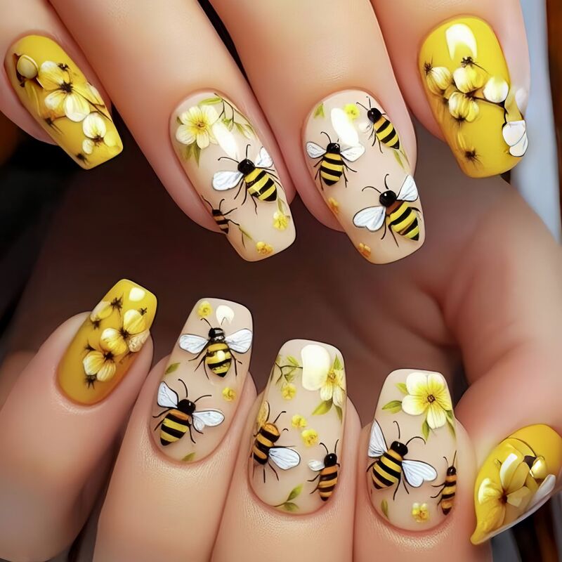 Mid-Length European Square Manicure Patches European and American Popular Hot-Selling Color Series Cute Bee Pattern Fake Nail Patches