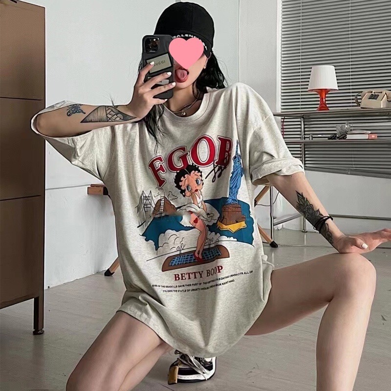 Betty cartoon print short-sleeve T-shirt for women, summer 2026 collection, Korean style, loose fit, casual round-neck top