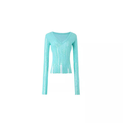 2025 Trendy Small Lattice Relaxed V-Neck Thin Sheer Knit Top with Patches and High Waist
