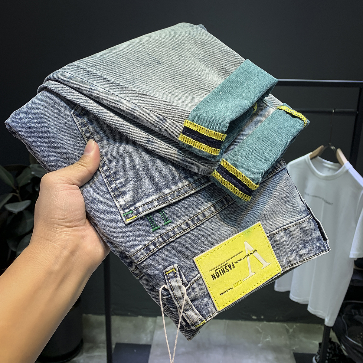 Jean délavé haut de gamme pour hommes, nouvelle marque tendance, élastique, fuselé, polyvalent, coupe ajustée, épais, printemps et automne_voghion.com