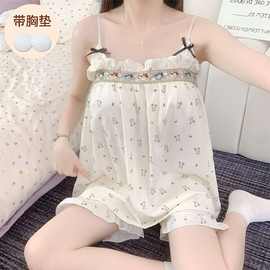 实拍夏季新款云朵棉固定胸垫吊带睡衣女甜美可爱卡通家居服套装