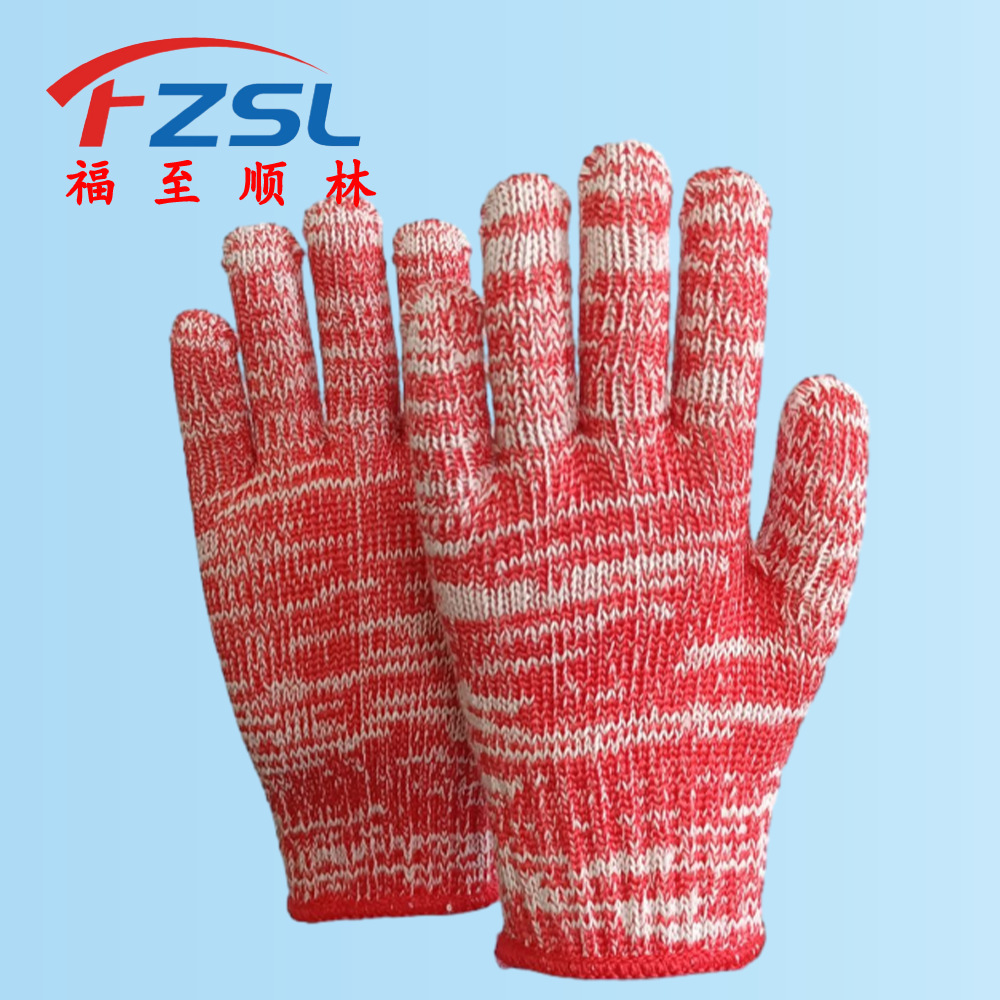 7针红白花色手套加厚耐磨棉纱工地劳保手套防护维修工厂批发顺林