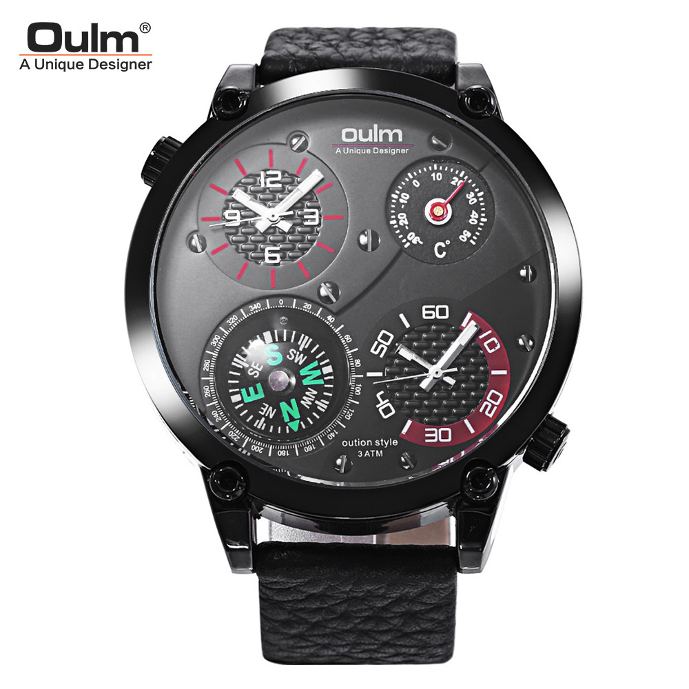 Men's Large Dial Thermometer Dual Time Zone Watch With Compass Genuine Leather Quartz Movement_voghion.com