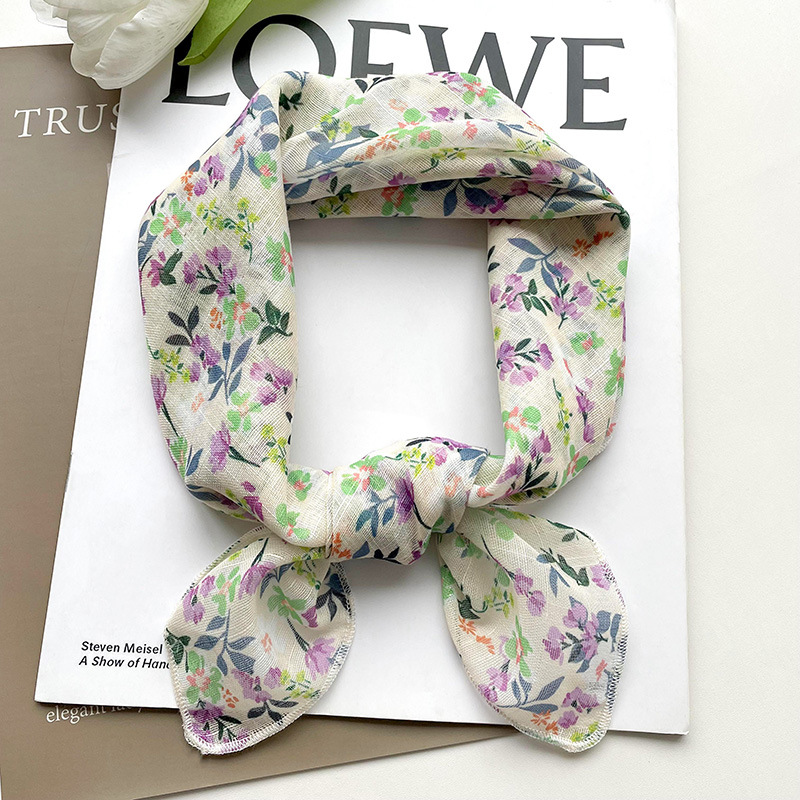 58 algodón y lino pequeña bufanda cuadrada estilo coreano de las mujeres fresco floral artístico elegante todo-fósforo decorativo pequeña bufanda banda de pelo bufanda