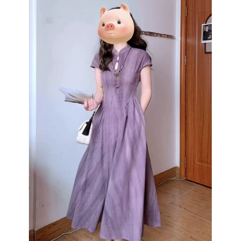 Новый китайский стиль фиолетовый комбинезон юбка с короткими рукавами летом 2025 новый французский темперамент с тонкой талией