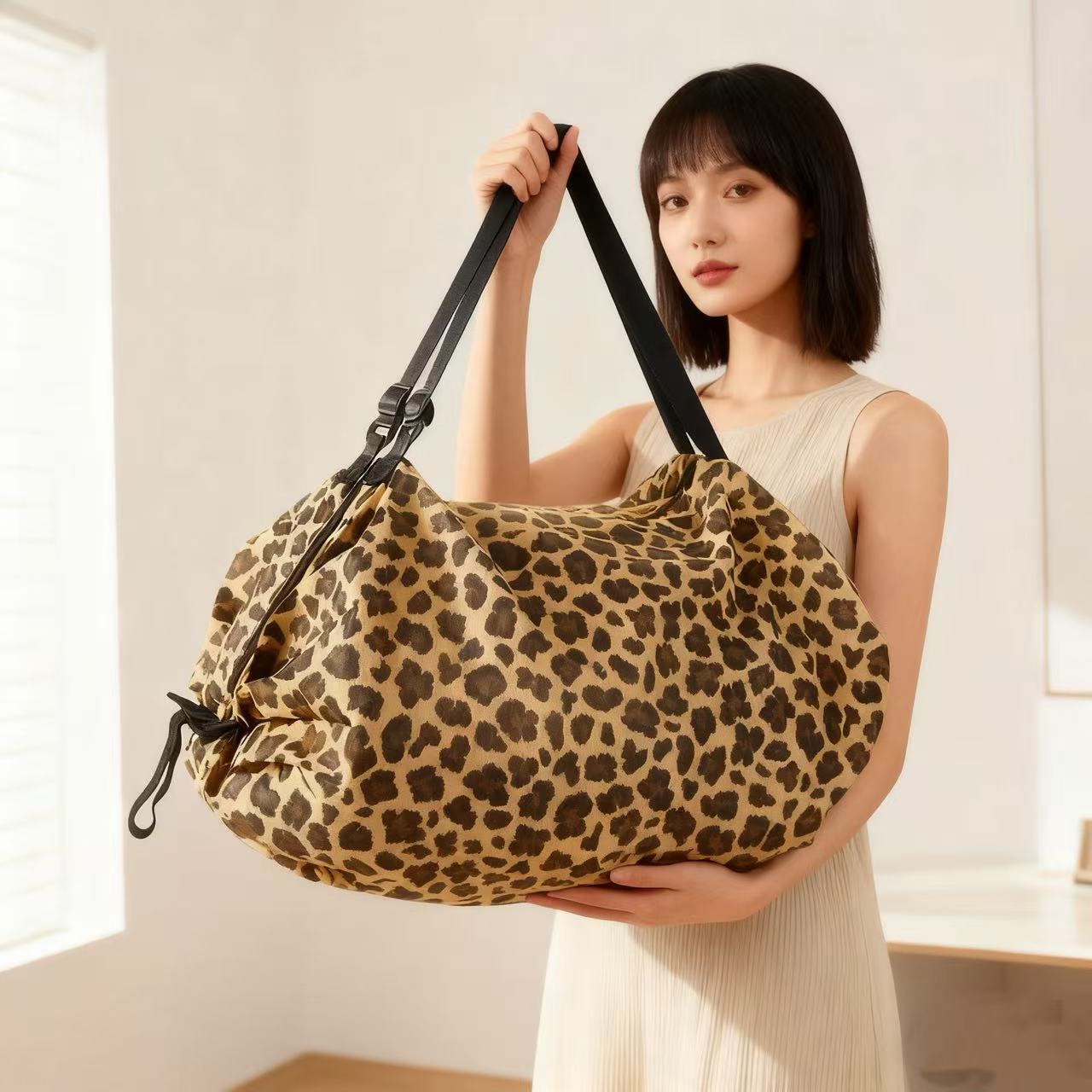 큰 노란색 표범 무늬 접이식 아코디언 가방 50*35CM