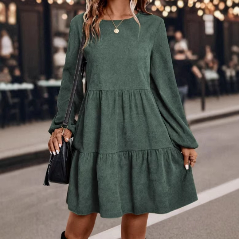 Amazon Cross-Border European and American Autumn New Women's Corduroy Long-Sleeved Round-Neck Dress