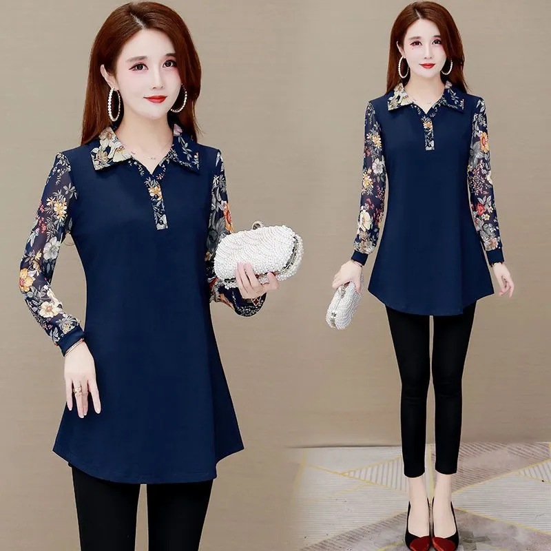 Plus-size women's clothing, slimming and flattering base layer top, new spring and autumn style, fashionable floral sleeve polo collar mid-length top.