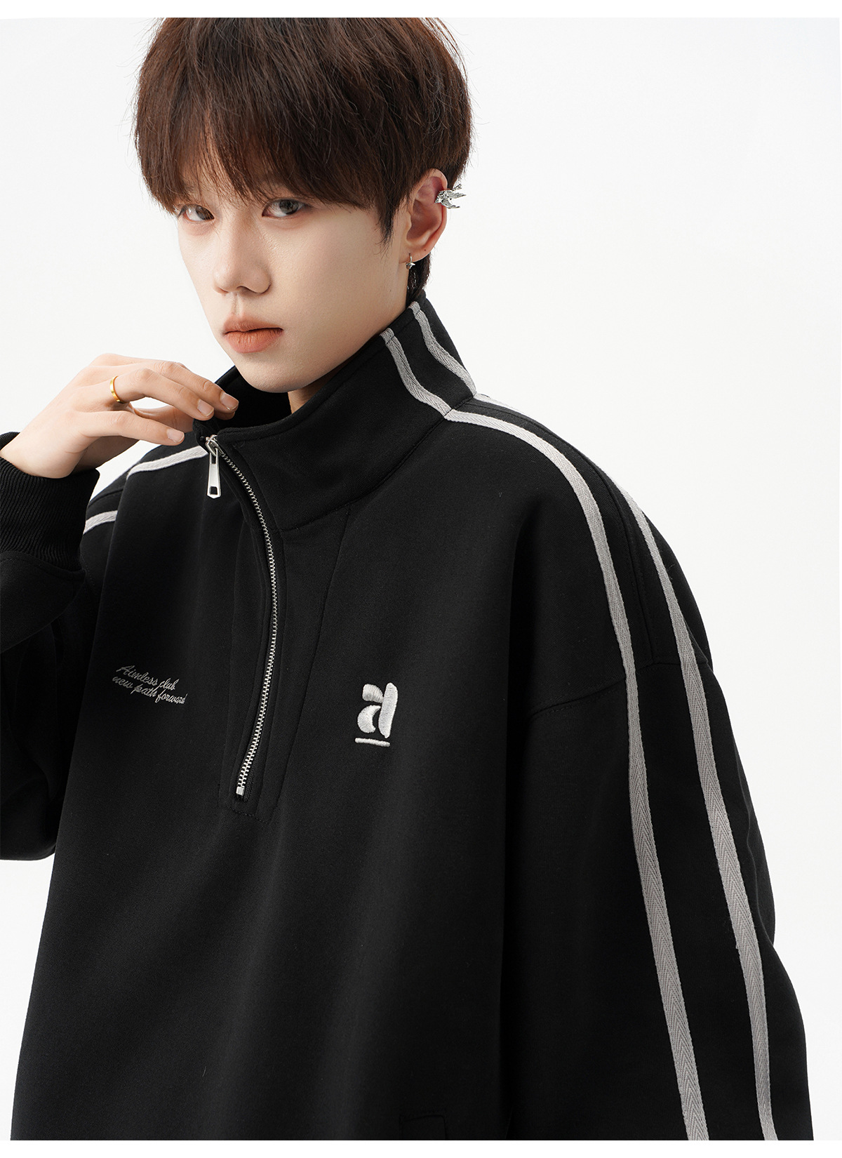 American Striped Stand-up Collar Couple Sweater Men's Autumn Tide Brand Retro Half-zipper Top Design Sense Heavy Sports Jacket_viptrois.com