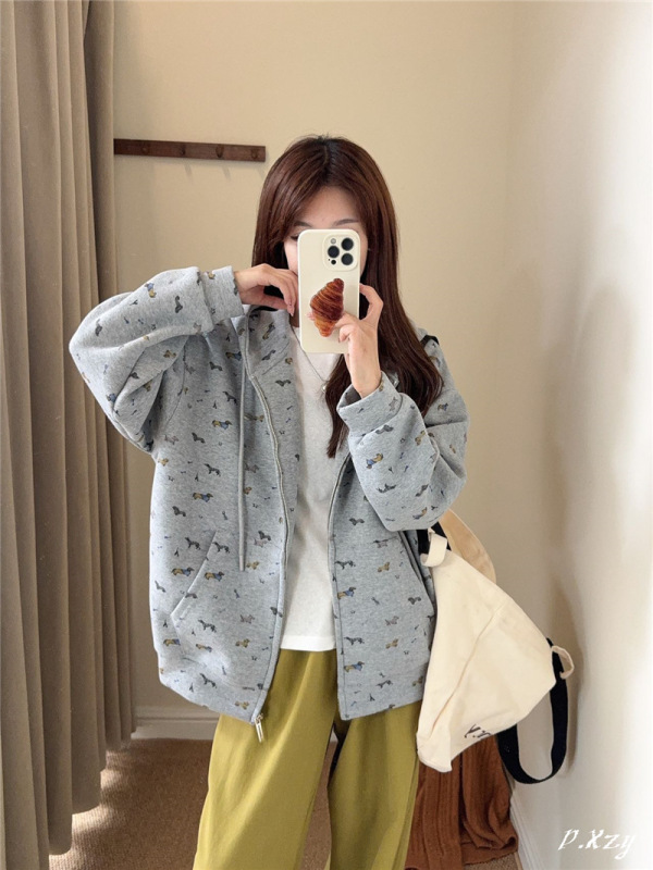 016 慵懒风连帽卫衣女秋季新款卡通小狗印花女士拉链开衫外套休闲|undefined