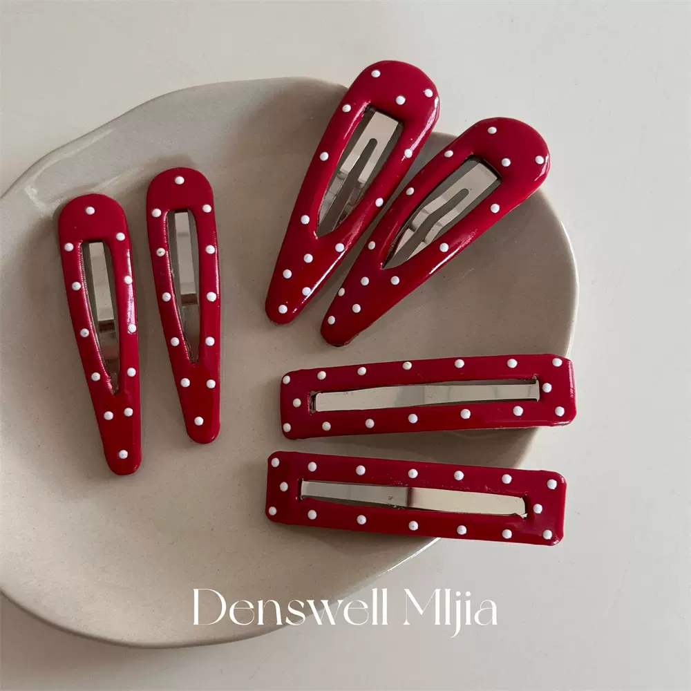 韩国红色皮质波点发夹洋气复古镂空简约BB夹刘海夹侧边夹发饰