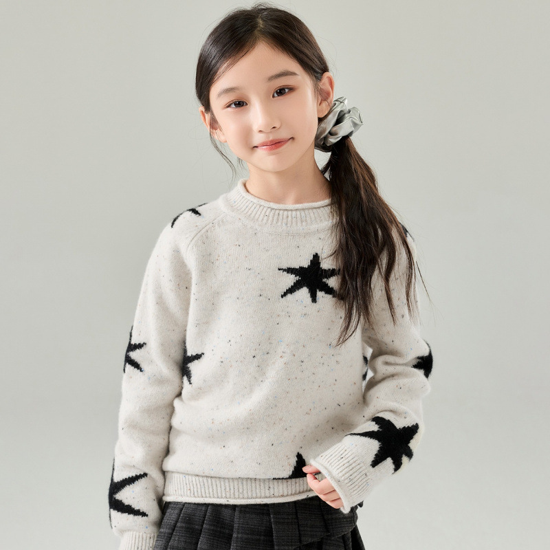 Children's pure wool polka dot knit sweater with star jacquard pattern, pullover with rolled collar, long-sleeved base layer top for boys and girls