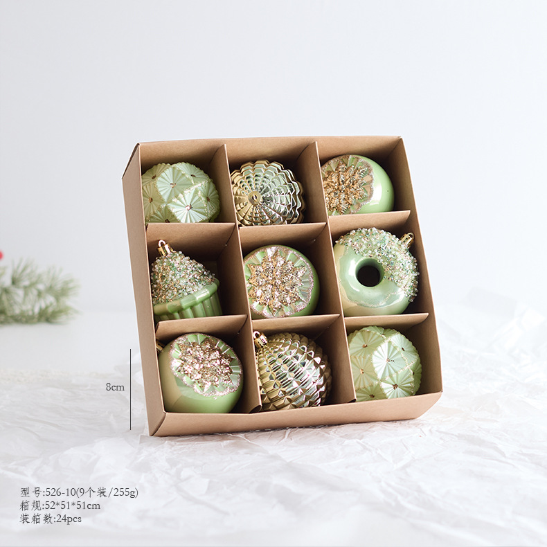 Nuevo producto transfronterizo 6/8/10cm Juego de bolas de Navidad verde Bola de forma especial Decoración de árbol de Navidad Colgante Bola de color