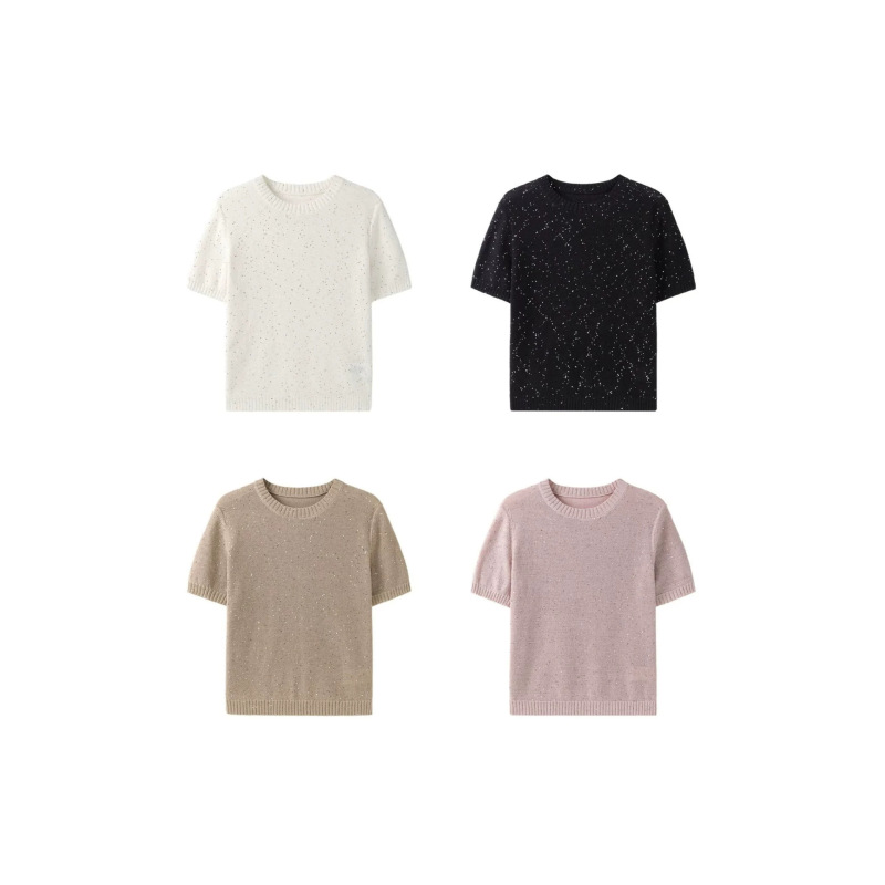 Summer Wool-Blend Old Money Style Simple Lightweight Slimming Breathable Sequin Shimmer Knit Short-Sleeve Top Summer Wool-Blend Old Money Style Simple Lightweight Slimming Breathable Sequin Shimmer Knit Short-Sleeve Top