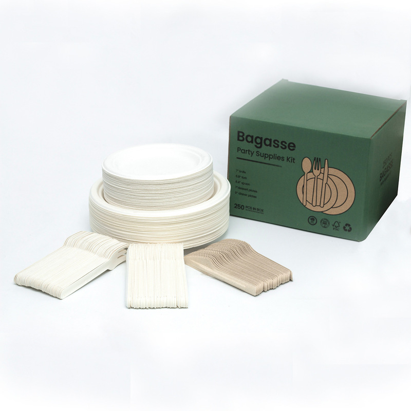 Cross-border export 250PCs degradable environmentally friendly pulp bagasse disc PLA knife fork spoon tableware suit
