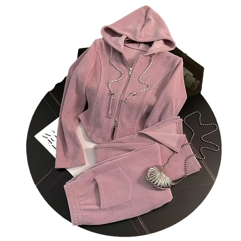 001 Europees stijl casual roze sportpak voor vrouwen vroege herfst 2024 nieuwe losse split wijde broek tweedelig set #882_voghion.com