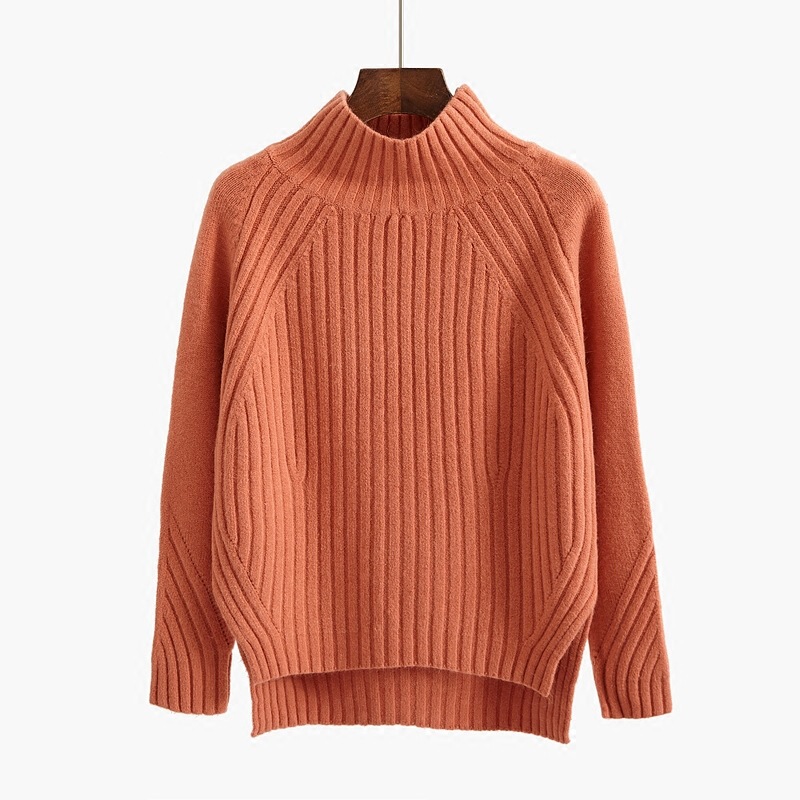 Women's pullover sweater, knitted base layer, trendy short style, versatile and fashionable, half-high collar, solid color, new spring/autumn collection, off-white