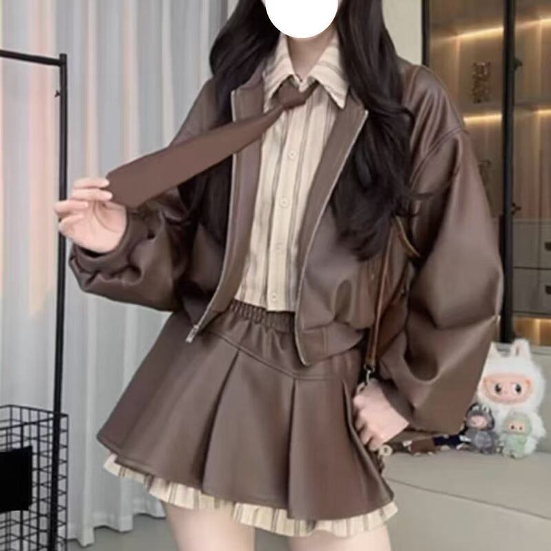巨好看秋冬季设计感衬衫拼接皮衣外套显瘦半身裙三件套半裙|undefined
