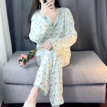 跨境外贸睡衣女春秋云朵棉小翻领开衫长袖宽松甜美家居服套装
