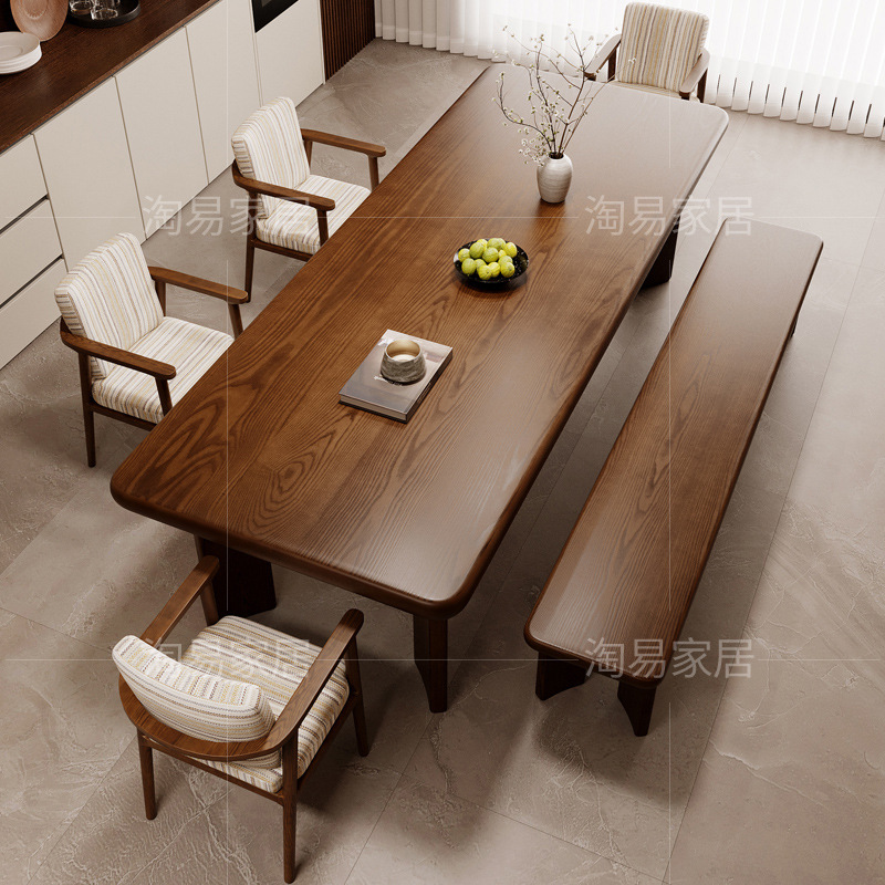 Medieval Style Designer Solid Wood Dining Table and Chair Combination Modern Simple Home Log Long Workbench Dining Table