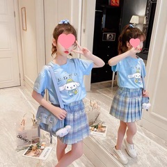 女大童學院風套裝中大童日常百搭格子百褶裙卡通短袖上衣兩件套潮