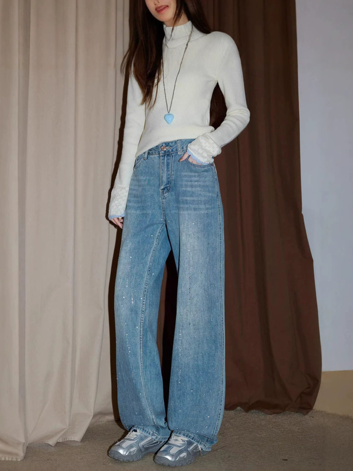 Quần jeans nữ cạp cao ống loe nhẹ đính đá, form ôm vừa, phong cách thường ngày — Màu be [bình thường], Màu be [kéo dài], Màu xanh nhạt [bình thường], Màu xanh nhạt [người đàn ông nhỏ]