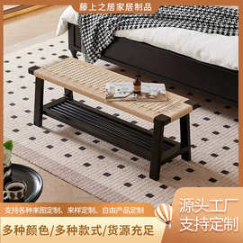 法式复古实木床尾凳设计师款绳编餐凳家用卧室现代简约换鞋凳长凳