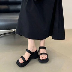 粗跟拖鞋女時尚外穿2024夏季新款法式方頭休閒百搭一字厚底涼拖鞋