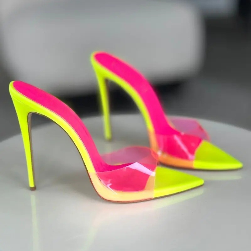 Cross-Border Fashion Sandals European and American Pointed Toe Color Matching Pvc Stiletto Foreign Trade Women's Shoes High Heels High Heels