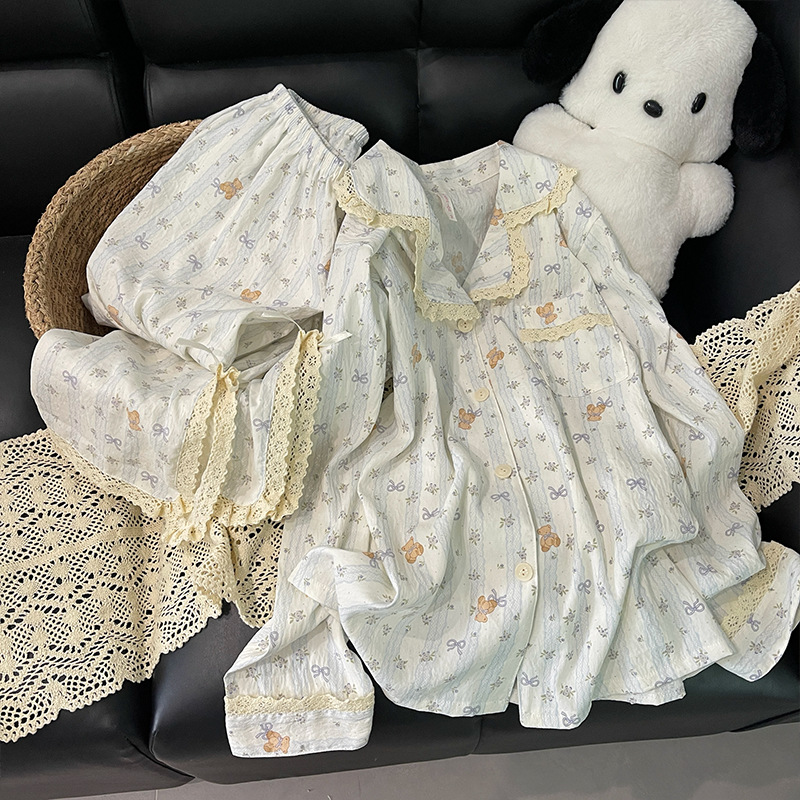 Pijamas de primavera y verano al por mayor transfronterizos mujeres nuevas nubes de algodón dibujos animados encaje pequeño solapa pantalones de mangas largas set de ropa para el hogar