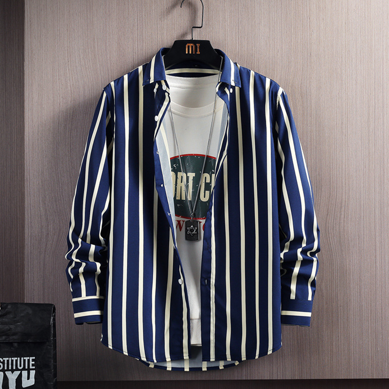 Men's Shirts New Style Vertical Striped Long Sleeves Spring and Autumn Trendy Slim Literary Youth Casual Shirts Wholesale