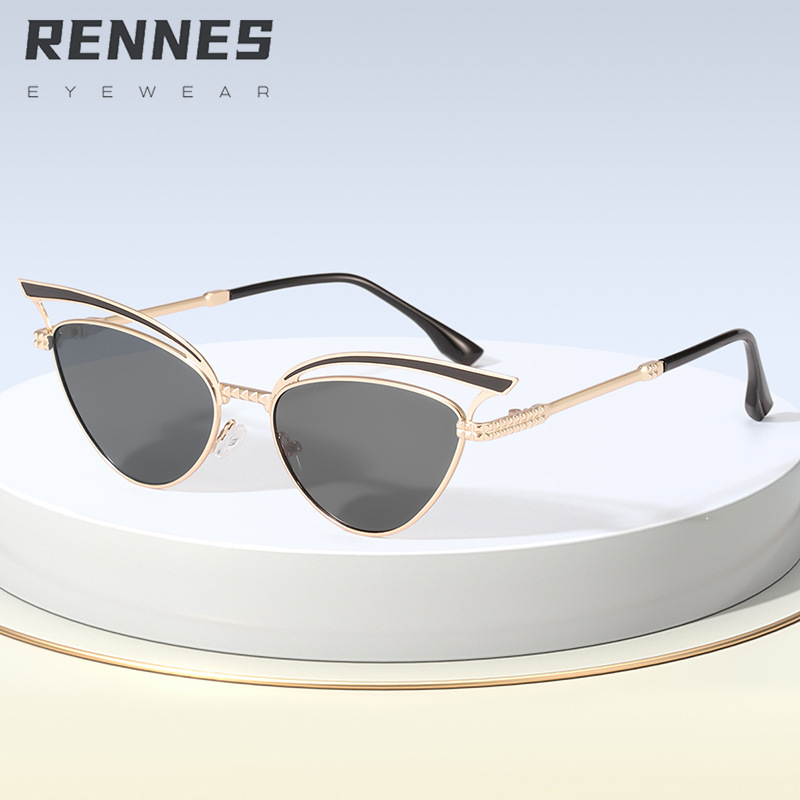 2024 nuevas gafas de sol de ojo de gato huecas de metal personalizadas, el mismo estilo, gafas de sol para exteriores esenciales de forma cóncava